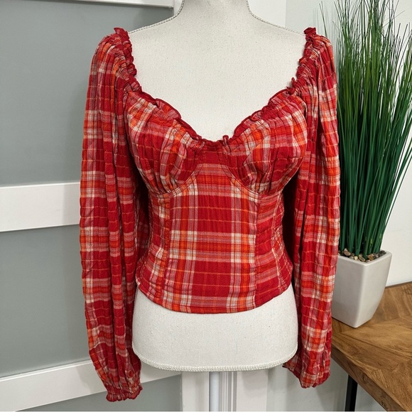 Free People Cherry Bomb Balloon Sleeve Madras Plaid Top Red Hot Medium Milkmaid - Picture 4 of 11